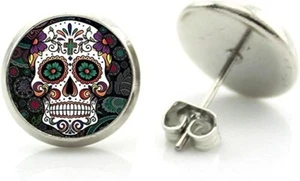 Silver Tone Glass Cabochon Gothic Skull Earring Stud Post Art Picture Gift Boxed - Picture 1 of 1