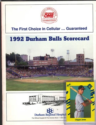 Vintage 1992 Durham Bulls Scorecard Chipper Jones HOF + 1990 Chipper Jones Card - Image 1 of 4