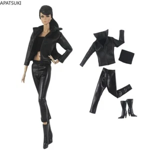 Schwarzes Leder Kleidungsset für Barbie Puppe Outfit Mode Jacke Top Hose Stiefel - Bild 1 von 4