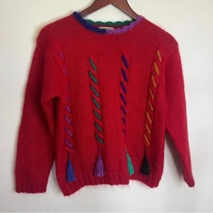 Vintage 80s/90s Espirit Chunky Multicolor Knit Tassel Detail Wool Blend Sweater - Picture 1 of 7
