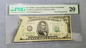 1950d series $5 note-cleveland-print fold over error - Picture 1 of 2