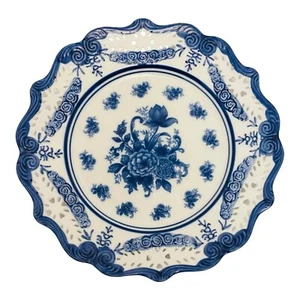 Blue & White Torte Plate 13" Cottage Floral Scallop Edge Cutout Porcelain - Picture 1 of 5