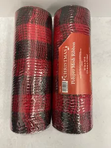 2 rolls Red and black buffalo plaid deco mesh 10 in x 30ft. ribbon wreath - Picture 1 of 2