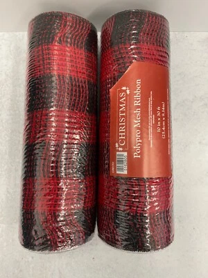 2 rolls Red and black buffalo plaid deco mesh 10 in x 30ft. ribbon wreath - Image 1 of 2