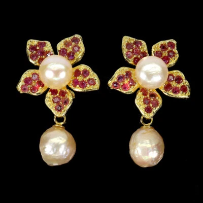 925 Sterling Silver Earrings  Round Ruby Pearl Natural Gemstone Jewelry - Image 1 of 4