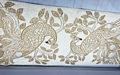 Peacock  Beaded Table Runner Cream White Gold New NWT India 13"x36" - Image 1 of 4