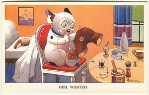 BONZO, GIRL WANTED, SEWING, G. E. STUDDY - Dog Comic Postcard - Picture 1 of 2