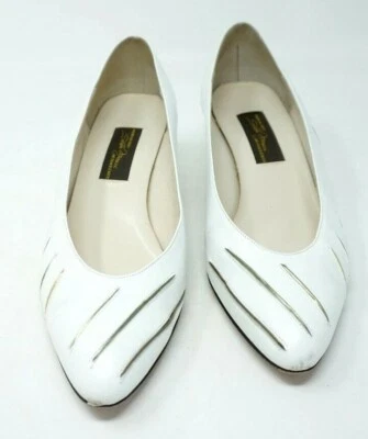 Vintage Sesto Meucci Metallic Stripes Size 7.5M White Patent Leather Heels Pumps - Image 1 of 4
