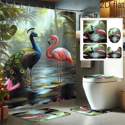 Flamingo Peacock Shower Curtain Soft Bathroom Rug Bath Mat Toilet Lid Cover Gift - Image 1 of 4