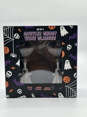 Halloween Acrylic Wine Glass Set Ghost Stem  Set Of 2 Break Resistant 18.5 OZ - Image 1 of 4