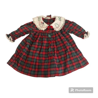 Vtg GOOD LAD Plaid Dress 3-6 months Christmas 90s Red Green Embroidered Collar - Image 1 of 4