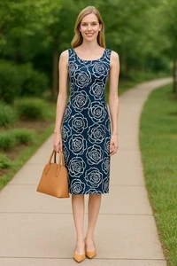 Brooks Brothers 346 Blumen Rosette Etuikleid Größe 12 Blau Karriere Preppy Party - Bild 1 von 9