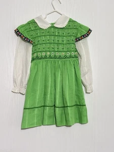 POLLY FLINDERS HAND SMOCKED DRESS Girls 5 Green Floral Peter Collar Long Sleeve - Picture 1 of 14