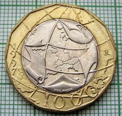 ITALY 1997 1000 LIRE, European Union; Old West Germany Map, BI-METALLIC km# 190 - Image 1 of 4