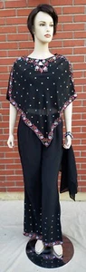outfit set black cami poncho top palazzo pants scarf embellished embroidery - Picture 1 of 2