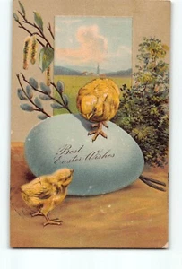 Old Vintage Best Easter Wishes Postcard with Blue Egg and Chicks - Picture 1 of 2