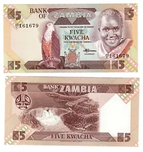 Banknote - 1980-88 Zambia, 5 Kwacha, P25 UNC, Fish Eagle(F) Hydroelectric Dam(R) - Picture 1 of 1