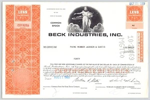 1969 Beck Industries Inc certificato azioni ordinarie meno di 100 azioni - Foto 1 di 2