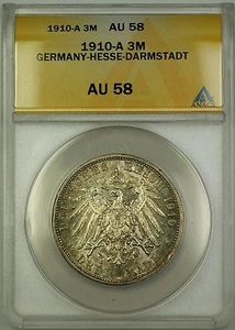1910-A Germany Hesse Darmstadt 3M Three Marks Silver Coin ANACS AU-58 - Picture 1 of 1