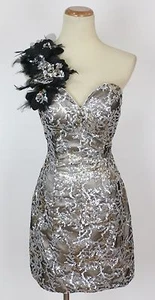 NEW Lime by Riva $280 Sequin Feather 1 Shoulder Size 6 Formal Short Dress Silver - Picture 1 of 12