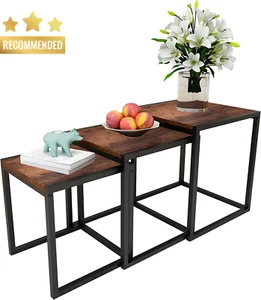 Nesting Tables Set of 3 End Tables Coffee Table Stackable Minimalist Brown Black - Picture 1 of 12