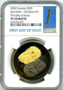 2022 $20 1OZ CANADA SEA OTTER BLACK & GOLD RHODIUM NGC PF70 SILVER PROOF FDI - Picture 1 of 2