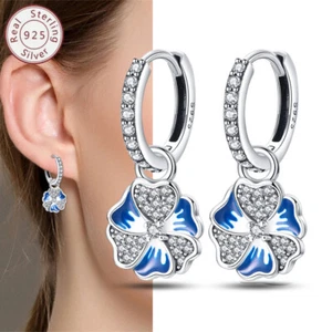 KUNSIR Sterling Silver Blue Flower Drop Dangle Hoop Earrings Petite Boho Women - Picture 1 of 6