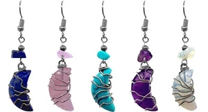 Wrapped Crescent Moon Stone Earrings Crystal Dangle Celestial Handmade Jewelry - Picture 1 of 9