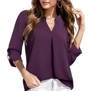 Womens Blouses 3/4 Cuffed Sleeve Chiffon V Neck Casual Soft Solid Shirts Tops - Picture 1 of 14