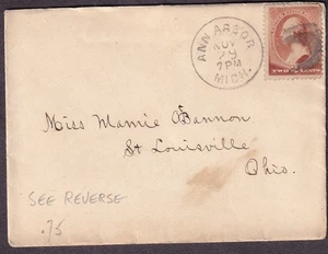 1880's 2c banknote cover Ann Arbor MI to Miss Mamie O'Bannon St Louisville Ohio - Picture 1 of 2