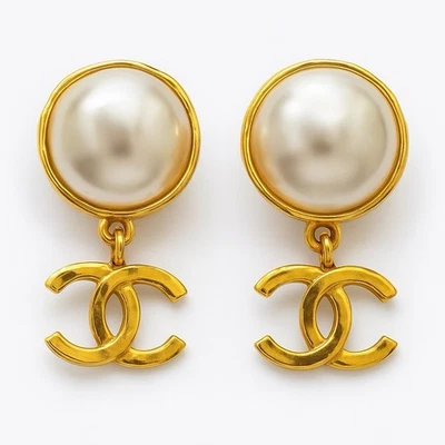 CHANEL Vintage 93P Faux Pearl Gold  Dangle CC Logo Clip Drop Earrings  - Image 1 of 4