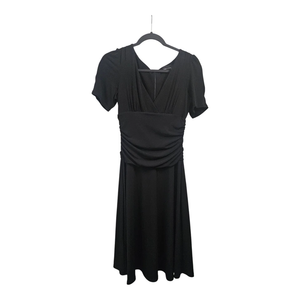 Max & Cleo Dress Size 6 Midi V-Neck Black S/S Ruching Unlined Hidden Back Zip - Image 1 of 4