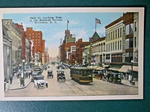 Tarjeta postal de colección Main Street Looking West Business Dist Rochester NY Trolley Car - Imagen 1 de 3