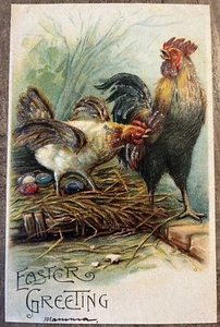 Vintage Postcard Easter Greeting Rooster Hen Nest Eggs Embossed w/Glitter *A1537 - Imagen 1 de 2