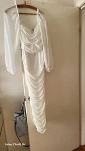 White Bodycon Dress Mesh Style With Lining Sheer Sleeve Fit 14 Stretch - Picture 1 of 5