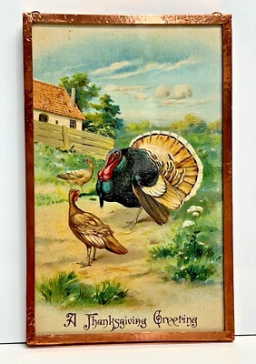 ANTIQUE OVER 100 Y OLD THANKSGIVING GREETING BEN FRANKLIN GREEN ONE CENT STAMP - Image 1 of 4