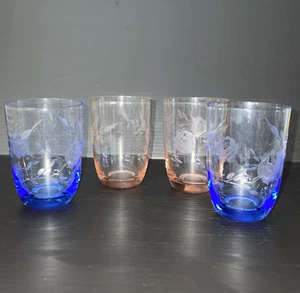 Set 4 Etched Rose Pattern Vintage Cordial Multi-Colored Glasses - Picture 1 of 19