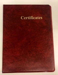 A5 CERTIFICATE PVC FOLDER IN RED LEATHER LOOK PVC WITH GOLD BLOCKED - Picture 1 of 2