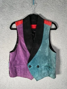 Gilet vintage Mary Hoffman 100% pelle colorblock blu rosso viola nero taglia L - Foto 1 di 9