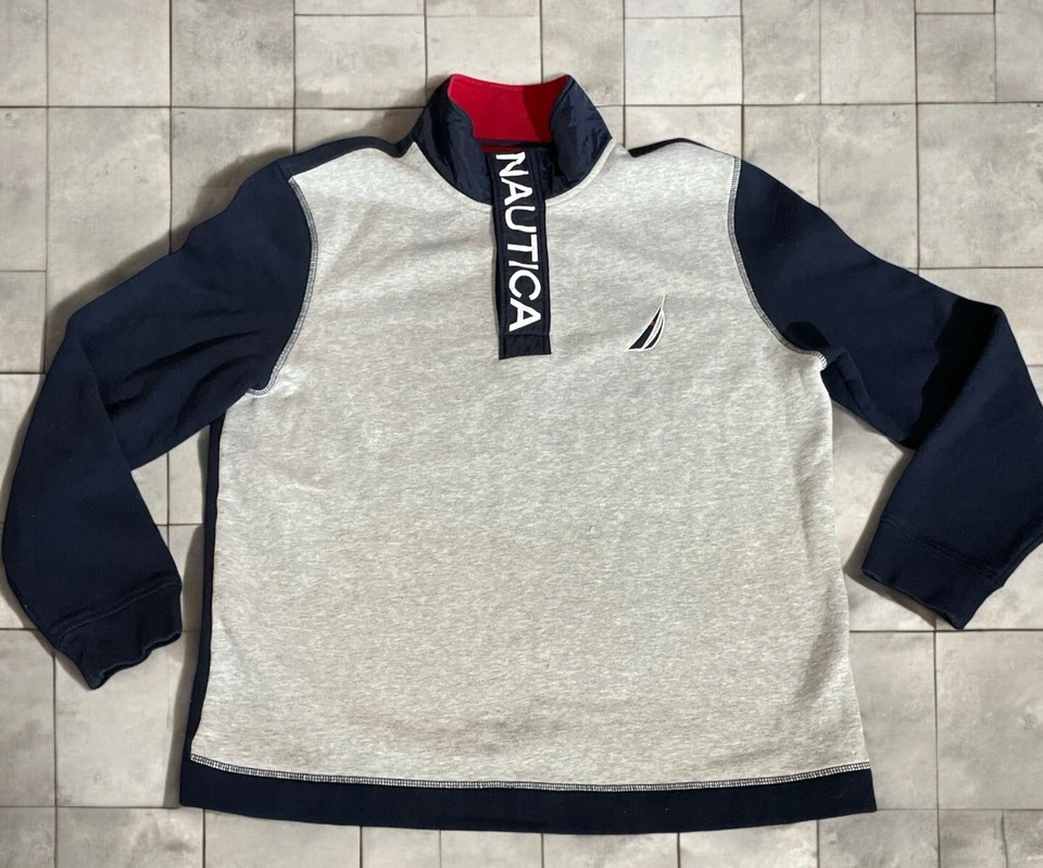 Camisa Pullover Nautica Para Hombres 1/4 a Presión Talla Grande Informal Gris Azul y Rojo Foto 1 de 4