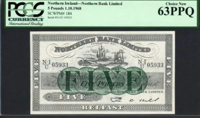 Ireland Northern 1968, Northern Bank Limited 5 Pounds, P184,PCGS 63 PPQ UNC - Image 1 of 2