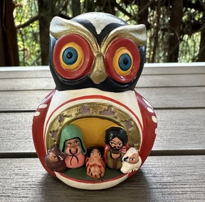 Folk Art Owl Nativity Diorama Painted Clay MaryJoseph Jesus South American Decor - Picture 1 of 10