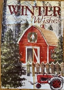 Winter Wishes House Flag Christmas Happy Holidays New Red Barn Tractor - Picture 1 of 4