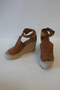 Womens Marc Fisher Annie Brown Perforated Suede Heeled Peep Toe Espadrille 10 - Picture 1 of 10