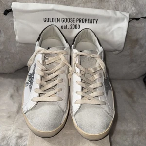 GOLDEN GOOSE Super-Star White/Brown Glittered Low Top Sneakers Size 38 - Picture 1 of 8