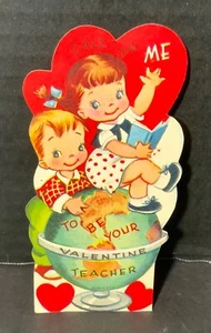 VTG Valentine Card “Call On Me To Be Your Valentine Teacher” Girl Sitting Globe - Picture 1 of 2