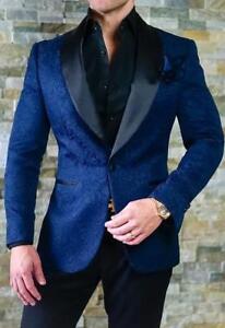  Mens Navy Blue Jacket Jacquard Paisley Tuxedos Groom Prom Wedding Suit Custom
