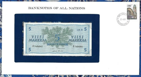 Banknotes of All Nations Finland 5 Markkaa 1963 UNC P-106Aa.33 Litt. B Cover