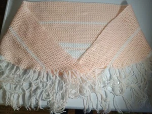 Ladies Small or Child's hand crocheted peach/white shawl / wrap with fringe. - Picture 1 of 5