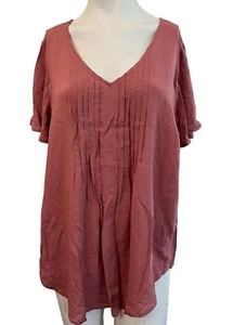 Torrid Womens Size 1 Ruched Short Sleeve V Neck Blouse Dusty Rose Smock Top 1X - Picture 1 of 8
